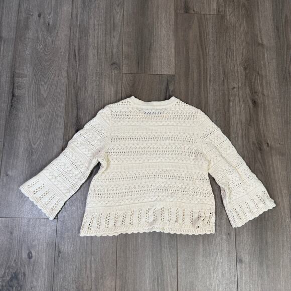 Madewell Scalloped-Trim Sweater Tee SZ XS Sand Crewneck Crop Open Knit Pullover - Picture 7 of 9